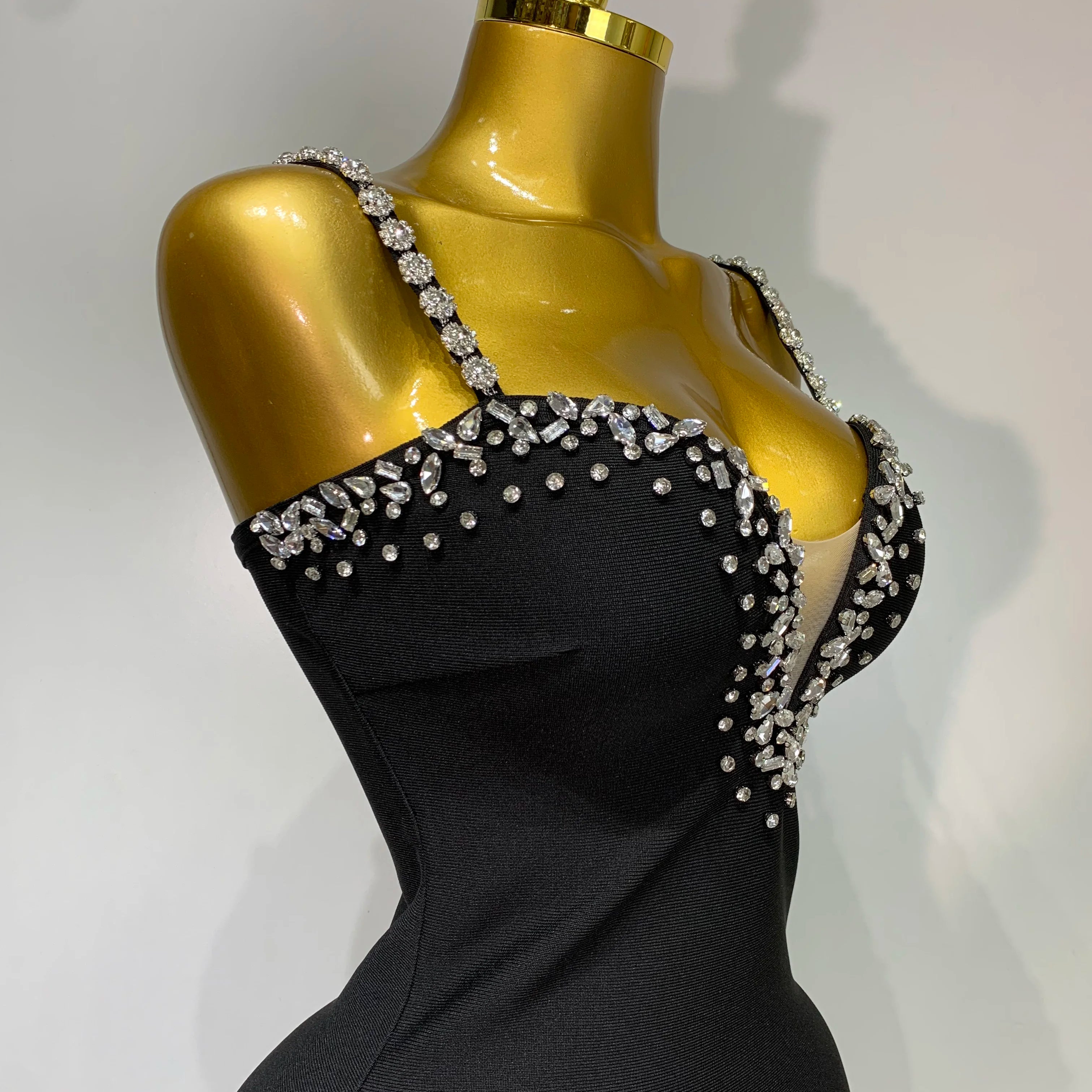 Women Sexy Sling V-neck Black Mini Bodycon Bandage Dress Luxury 2025 Celebrity Evening Club Celebrity Elegant Party Gowns