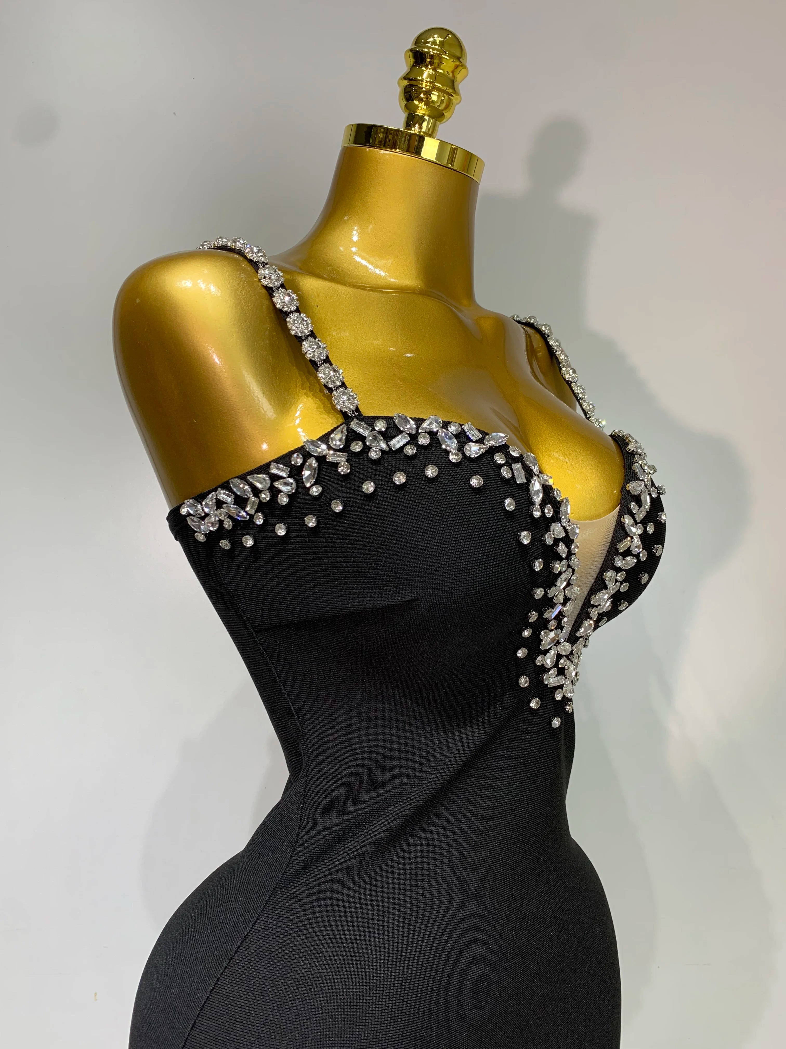 Women Sexy Sling V-neck Black Mini Bodycon Bandage Dress Luxury 2025 Celebrity Evening Club Celebrity Elegant Party Gowns