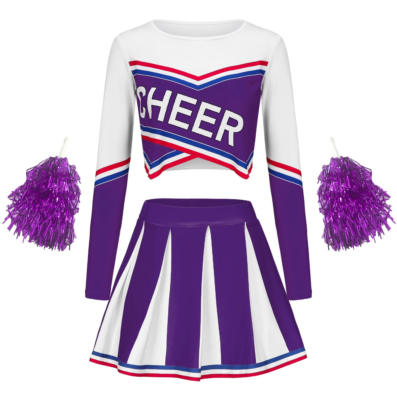 Women's Long Sleeve Cheerleader pompon Sexy Student Stage Music Performance Dress Skirt Halloween Uniform Purple