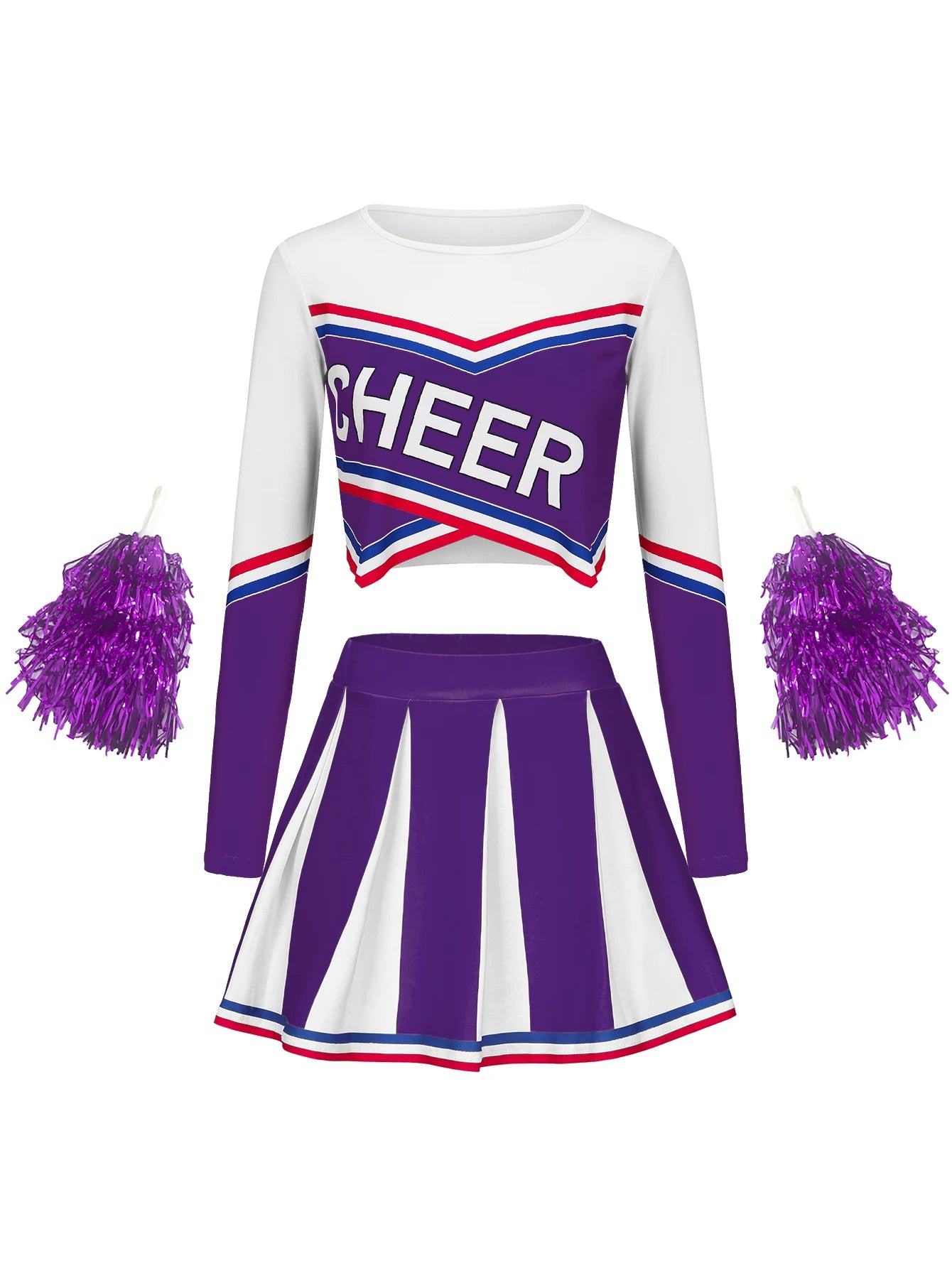 Women's Long Sleeve Cheerleader pompon Sexy Student Stage Music Performance Dress Skirt Halloween Uniform Purple