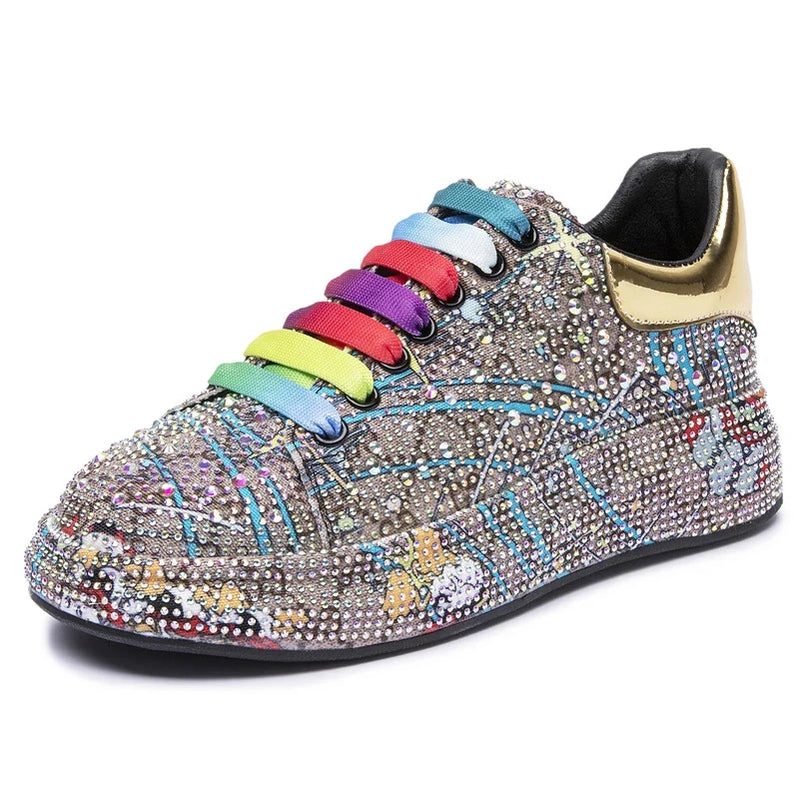 Joggesko kvinners stor størrelse ny farge rhinestone mote kvinner loafers plattform mote skinnende kvinnesko graffiti rhinestone