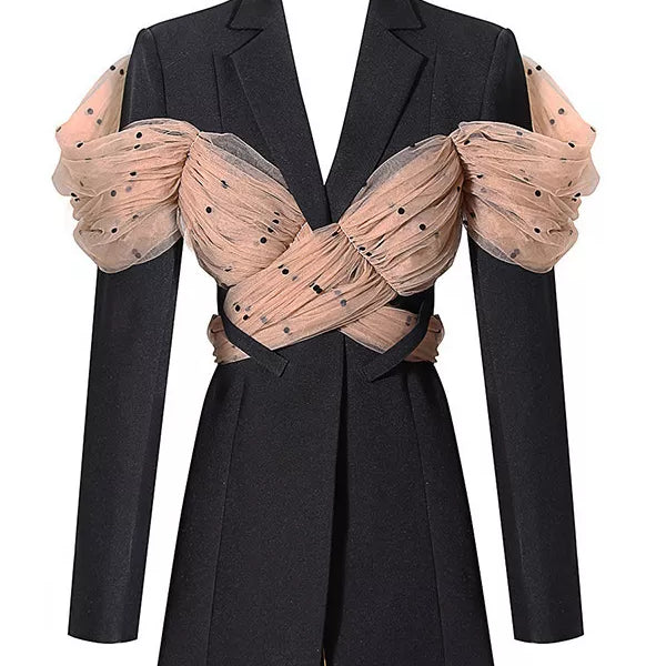 Casual Patchwork Dot Mesh Blazer For Women Notched Long Sleeve Backless Blazers Female Fashion Clothing Black