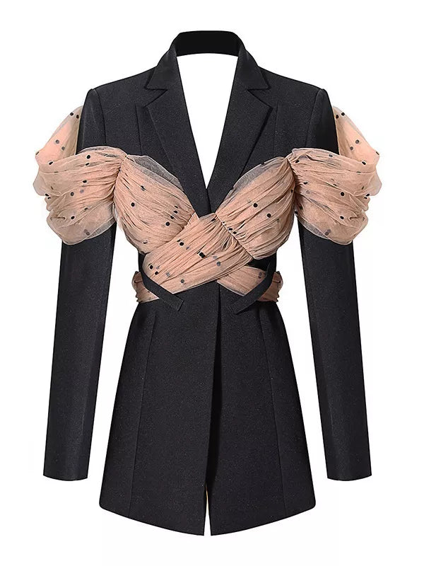 Casual Patchwork Dot Mesh Blazer For Women Notched Long Sleeve Backless Blazers Female Fashion Clothing Black