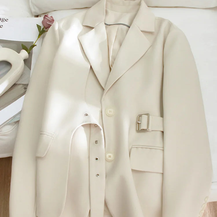 LANMREM Designer Spliced Blazer Coat For Women Single Breasted Long Sleeves Irregular Coats Female Clothing 2023 Autumn 32D163