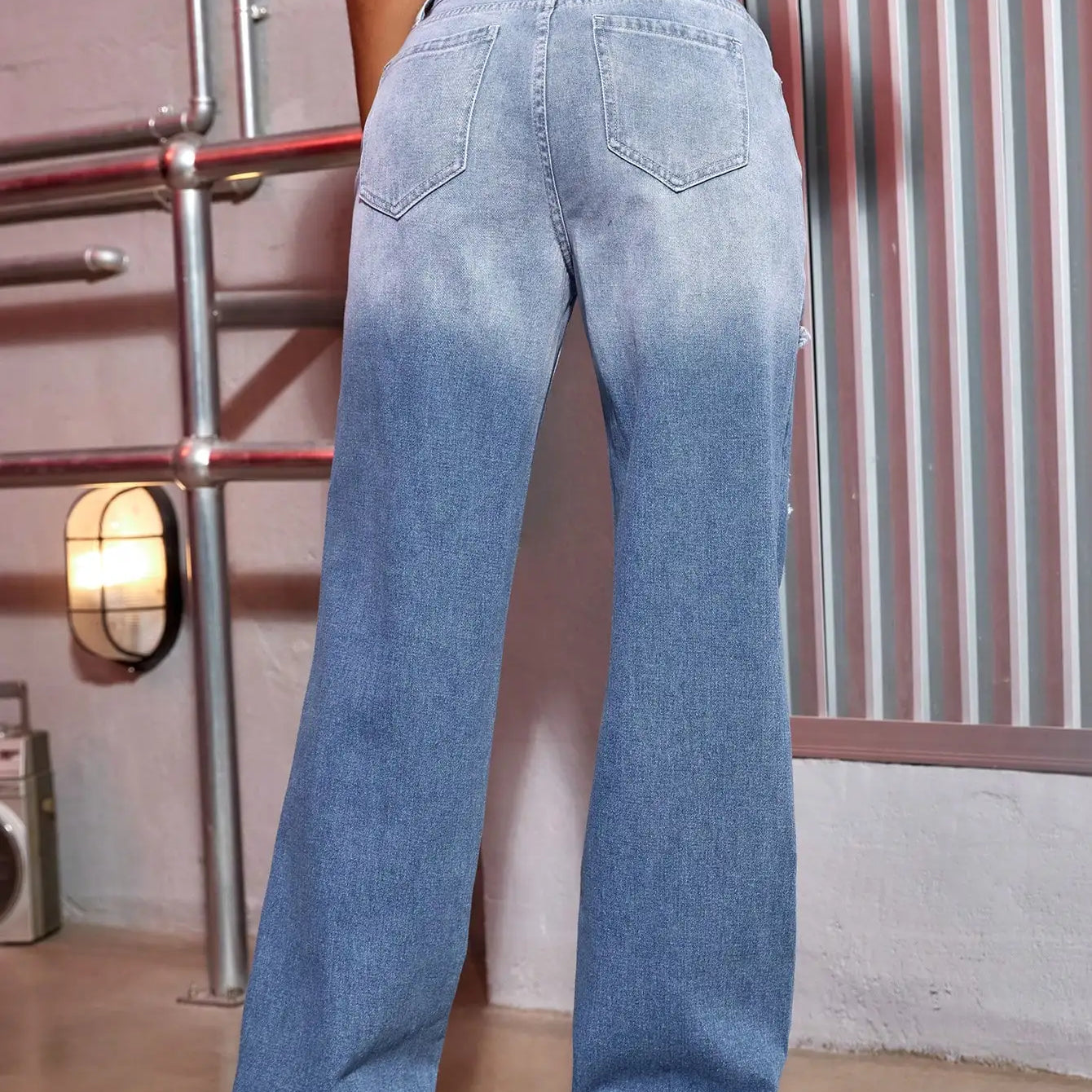 Y2K Women Fashion Ripped Jeans Color Contrast Split Shape Wide Leg Denim Trousers Streetwear