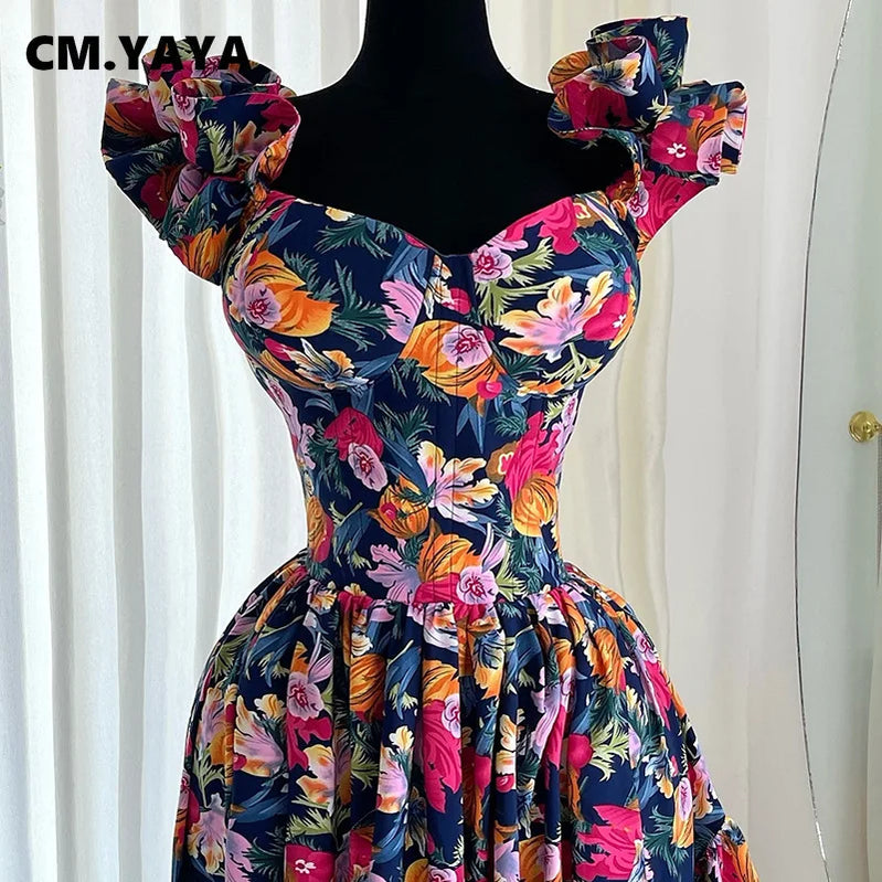 CM.YAYA Women Ruffles Strapless Floral Print Long Irregular Dress Holiday Sweet Birthday Evening Sexy Party Dresses Vestidos