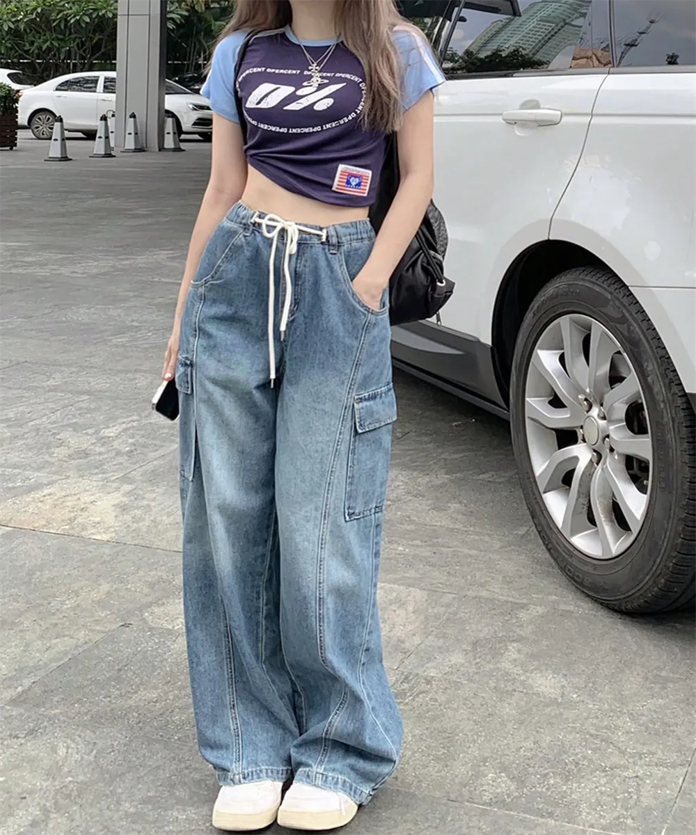 Retro loose drawstring elastic waist thin multi-pocket overalls straight wide leg jeans women's new summer tide 80066