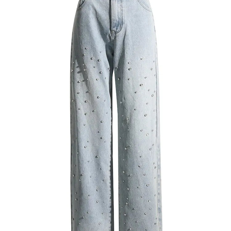 TWOTWINSTYLE Spliced Diamonds Jeans For Women High Waist Casual Loose Temperament Autumn Jean Female Fashion Style Clothing New