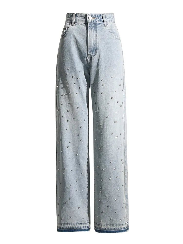 TWOTWINSTYLE Spliced Diamonds Jeans For Women High Waist Casual Loose Temperament Autumn Jean Female Fashion Style Clothing New