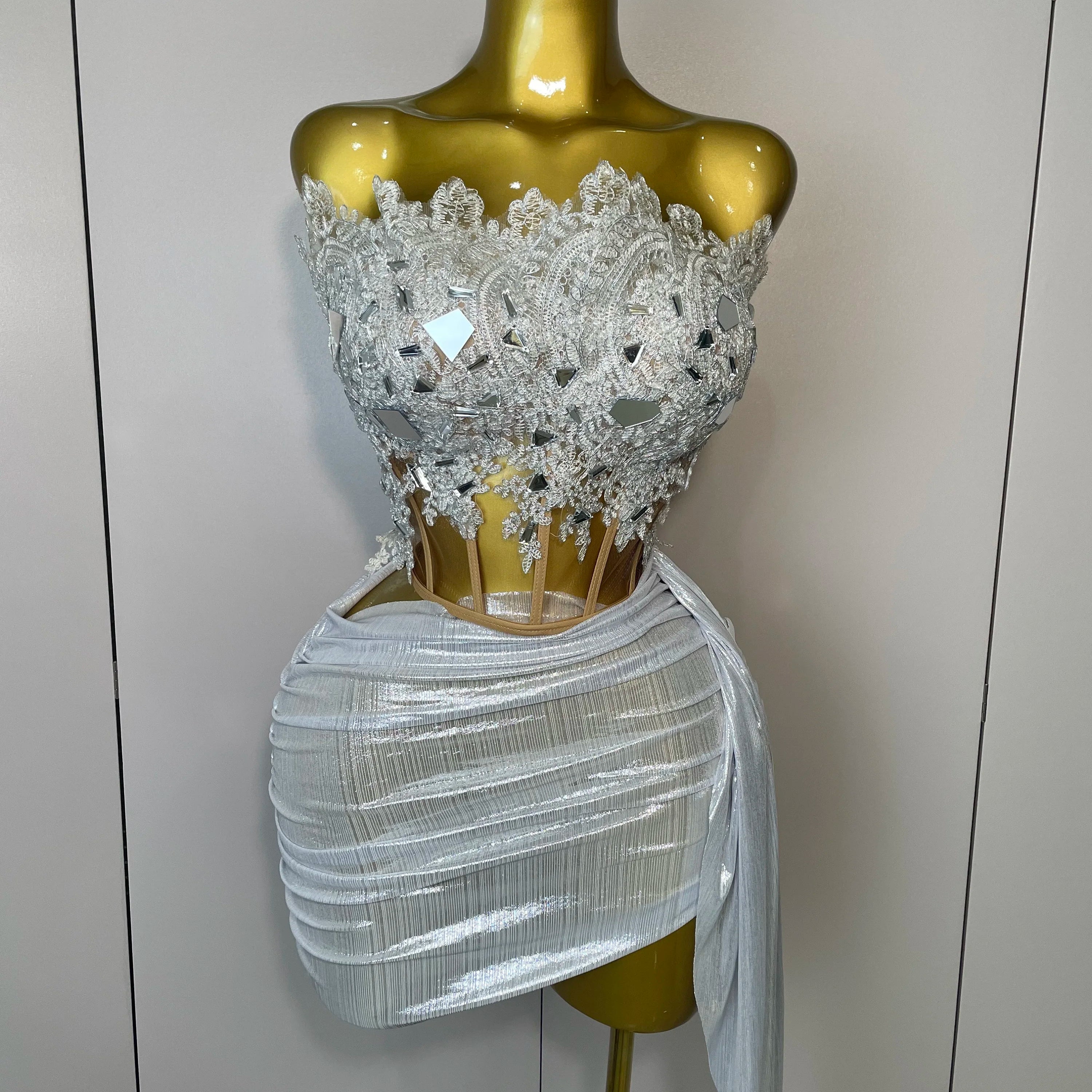 Sparkly Silver Sequins Sexy Strapless Short Dress 2Pcs Set Newest 2025 Women Party Birthday Nightclub Singer Dancer Stage Wear