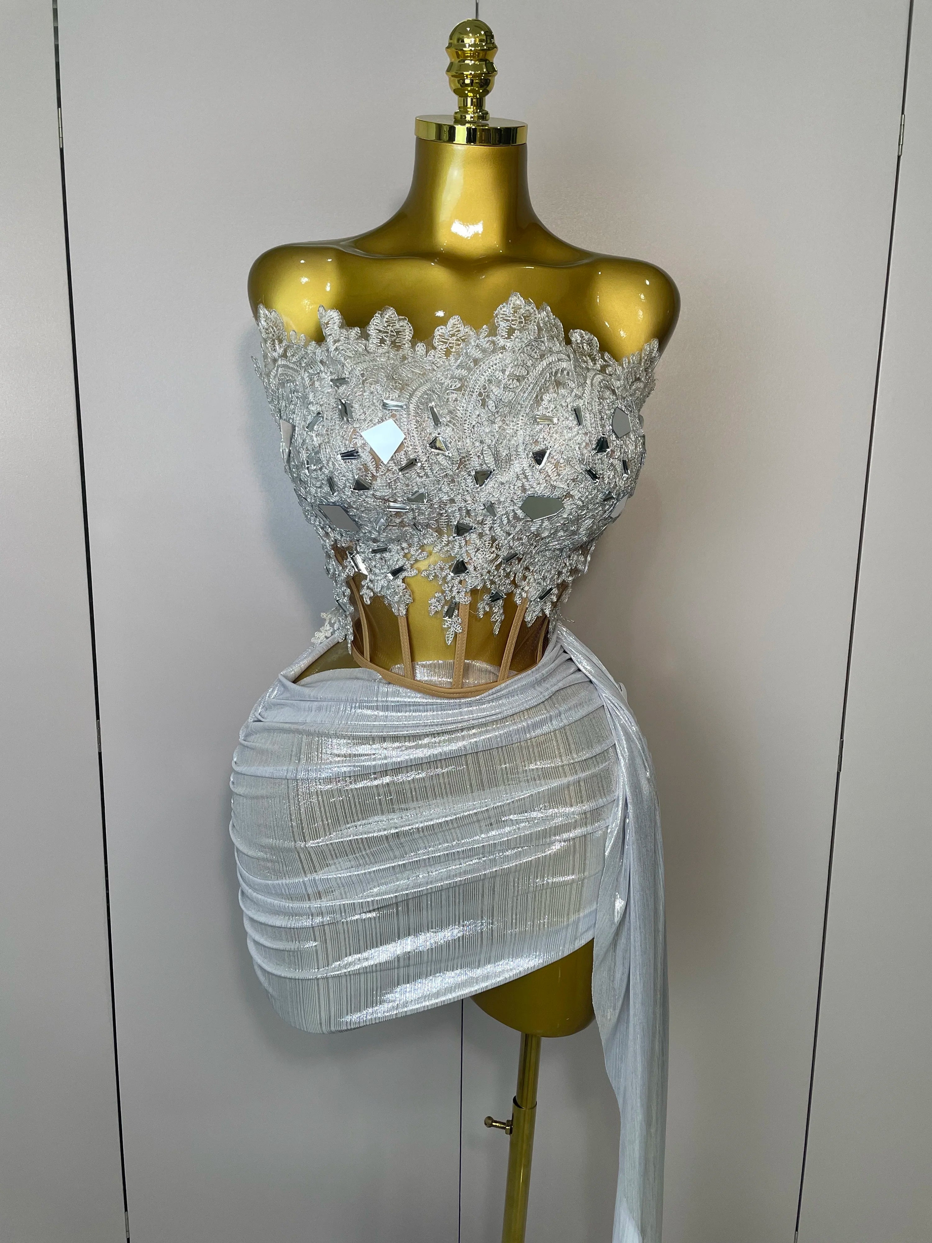 Sparkly Silver Sequins Sexy Strapless Short Dress 2Pcs Set Newest 2025 Women Party Birthday Nightclub Singer Dancer Stage Wear