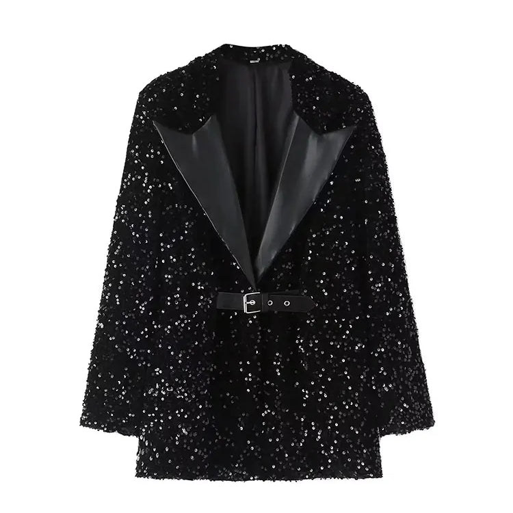 TRAF 2023 Autumn New Fashion Women Shiny Double-breasted Sequins Suit Jacket Female Coat Black Slim Fit Blazers with Belt