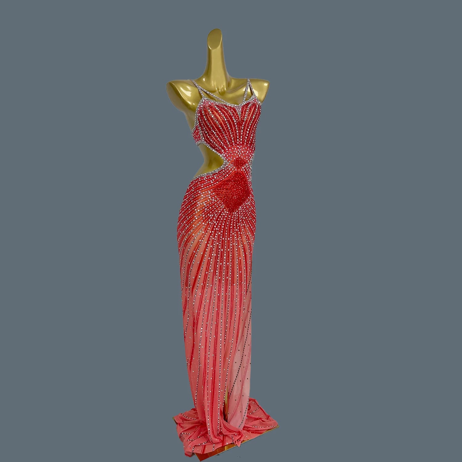 Women's Luxury Sparkly Diamond Maxi Dress Stretch Strap Bodycon Club Mesh Costume for Birthday Party Dinner Xigua