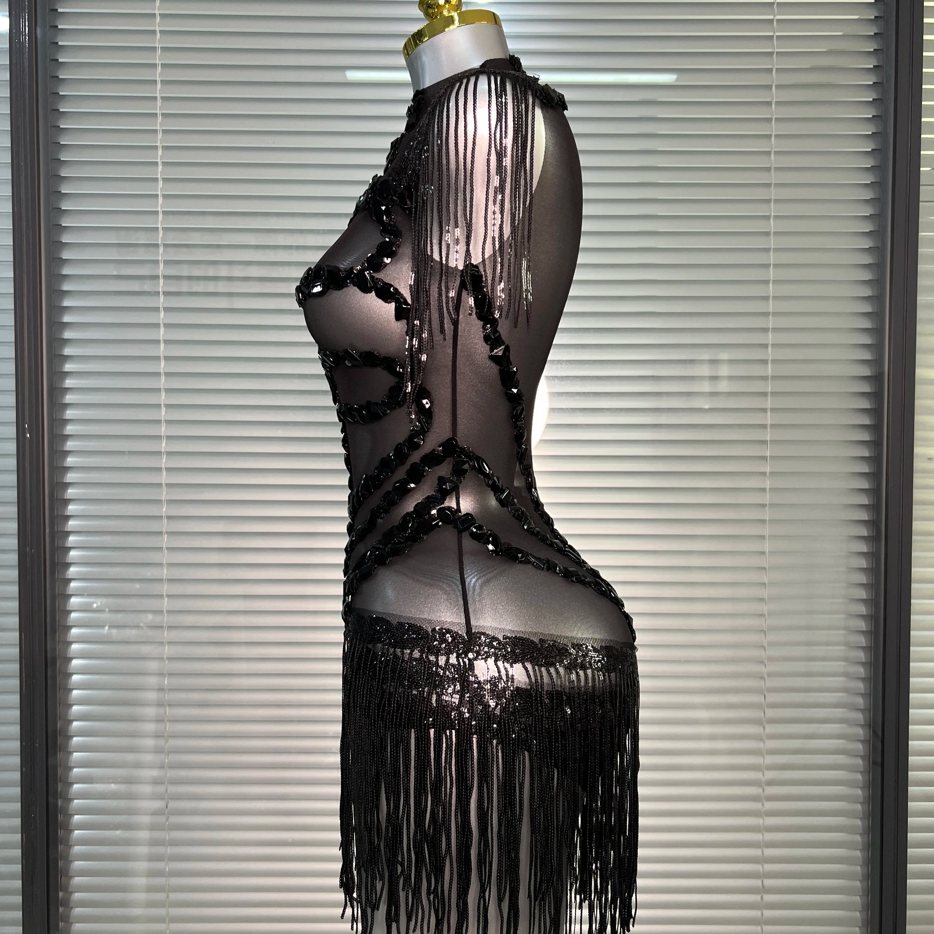 Summer New Women Sexy Black Tassel Crystal Diamonds Stretchy Night Club See Through Singer Dancer Stage Costume Party Bodysuit