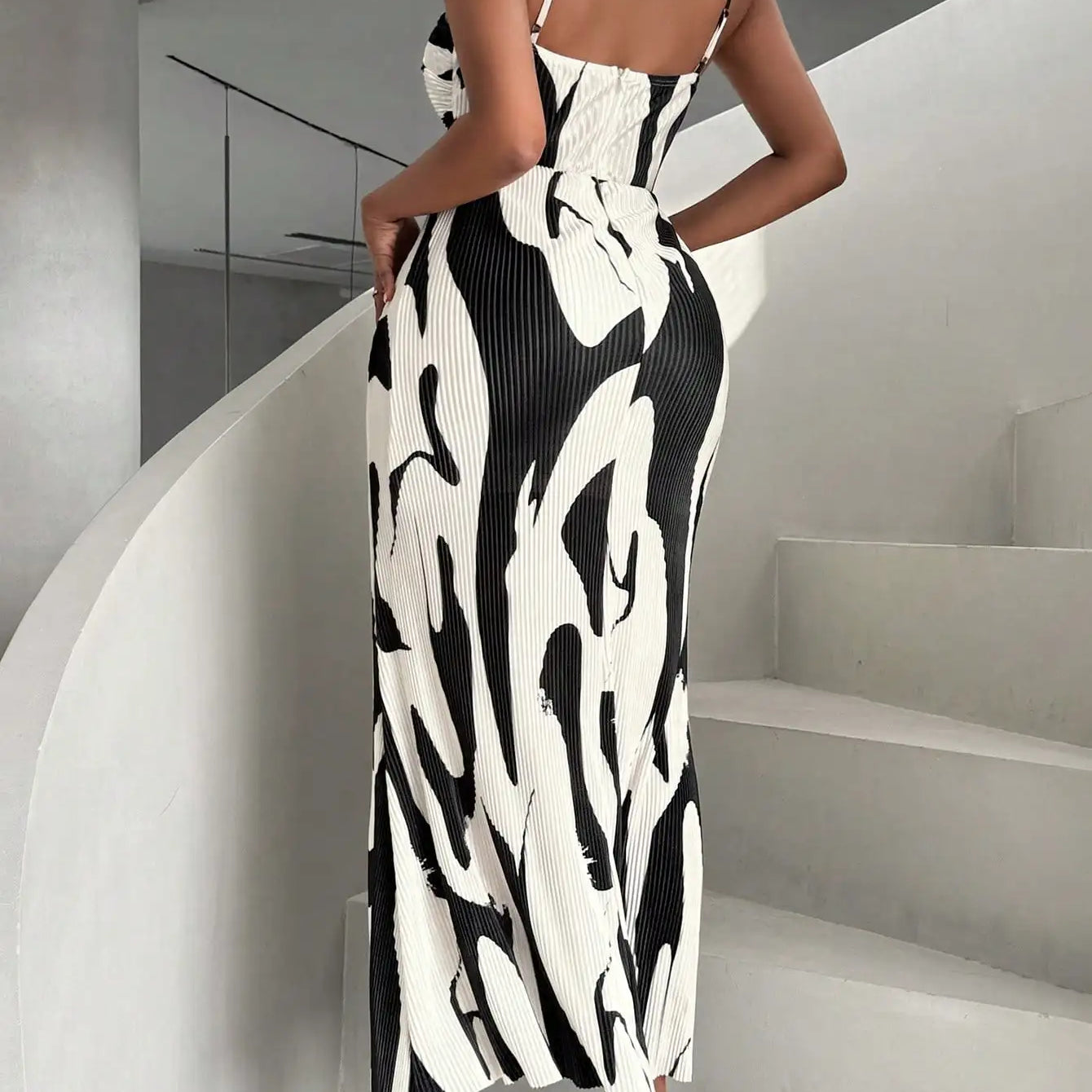 Women Dress Elegant Sexy Backless Hollow Out Dress Printed Irregular Slim Long Dresses