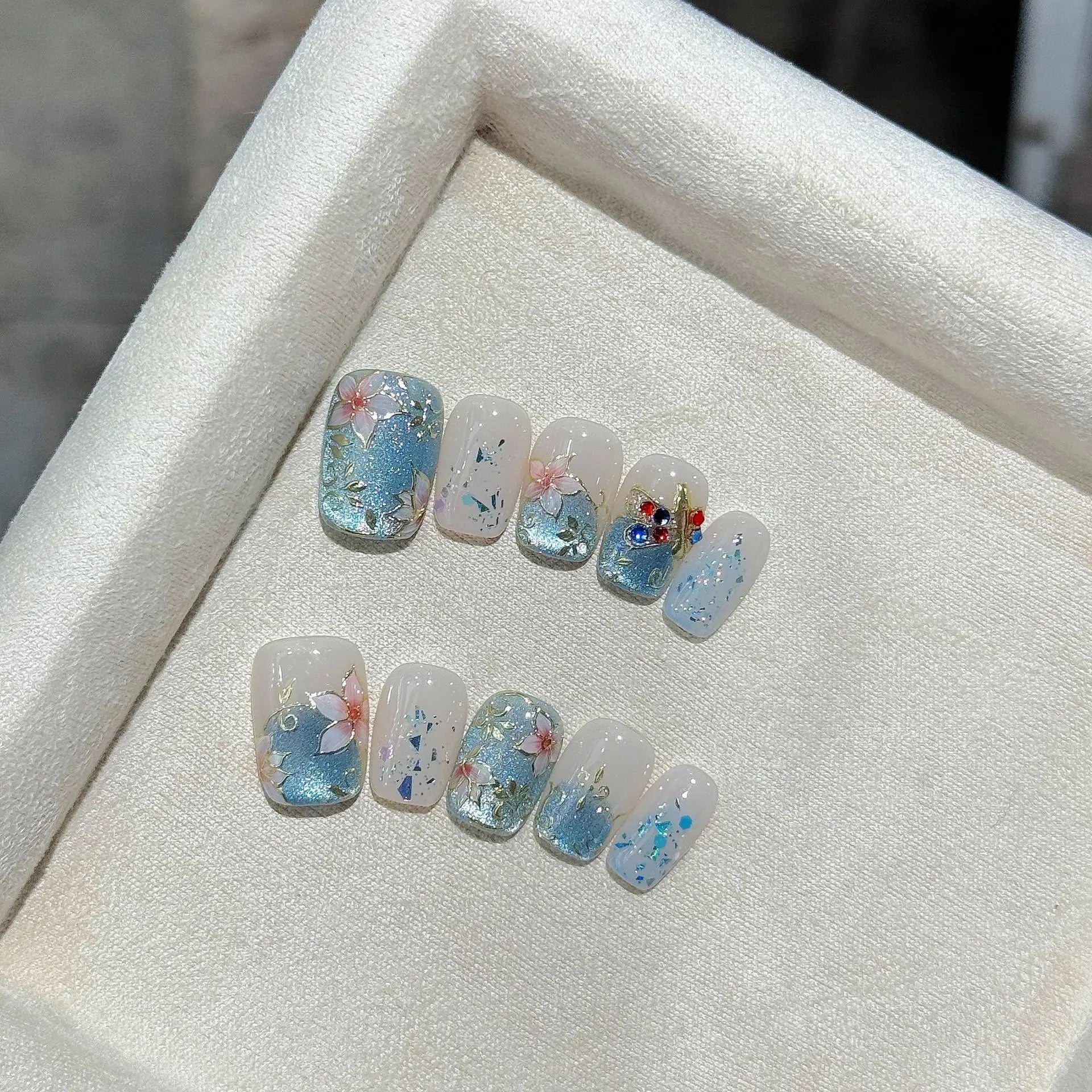 10Pcs Blue Cat Eye French Sparkling Nail Tips Charming Colored Press on Fake Nails Ballerina Short Full Cover Handmade Nails Set