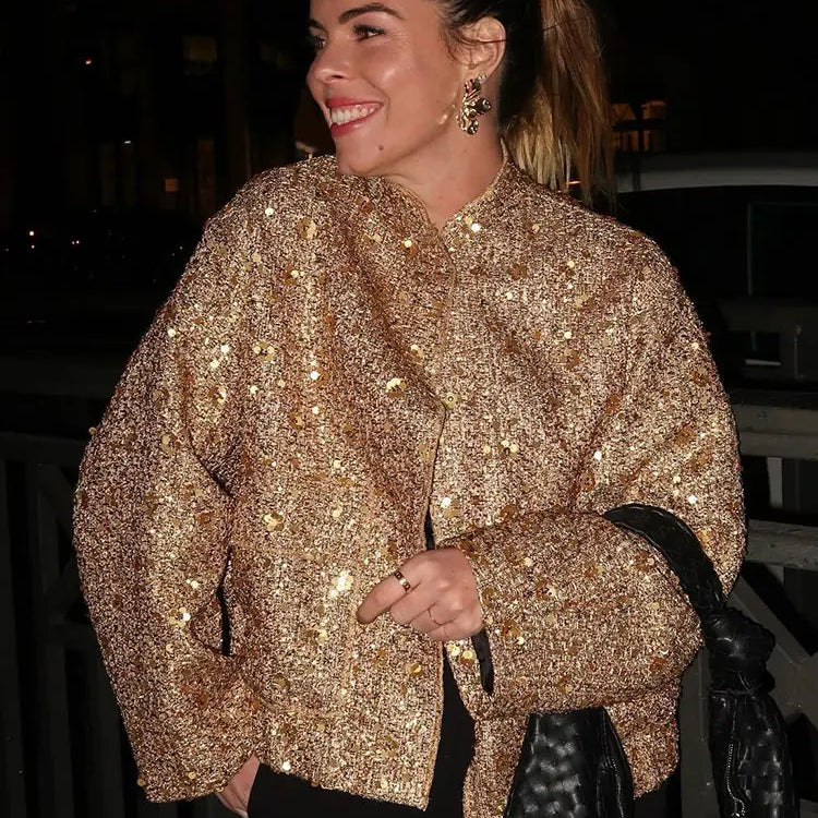 TRAFZA Woman Button Long Sleeve Jacket With Pockets Autumn Chic Outwear Women Sequin Shinny Gold Coat Fashion Streetwear Elegant