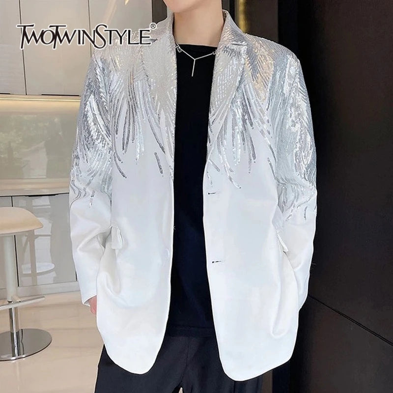 TWOTWINSTYLE Solid Spliced Sequins Elegant Jackets for Women Lapel Long Sleeves Patchwork Single Breasted Jacket Female Fashion