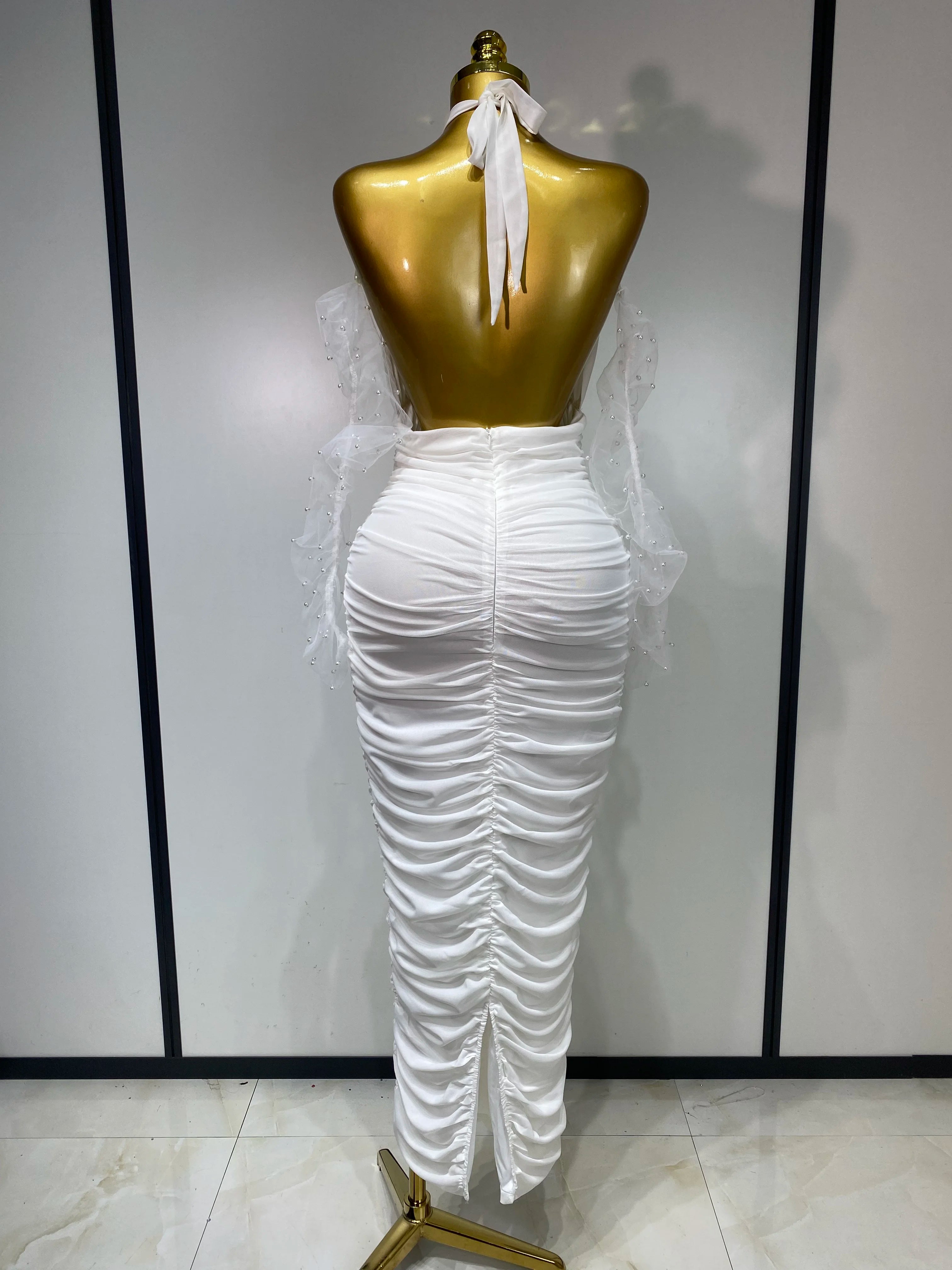 Women Sexy Cut Out Flower Pleated Bodycon Long Dress Celebrity White Elegant Evening Party Cocktail Luxury Birthday Dress