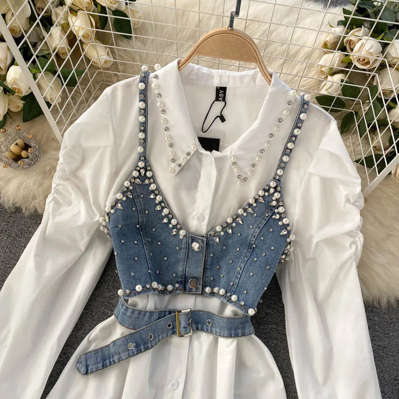 High-End White Shirt Dress Female Lapel Diamond Pearl Luxury Shirt Short Denim Vest Chic Two Piece Sets Female Fashion