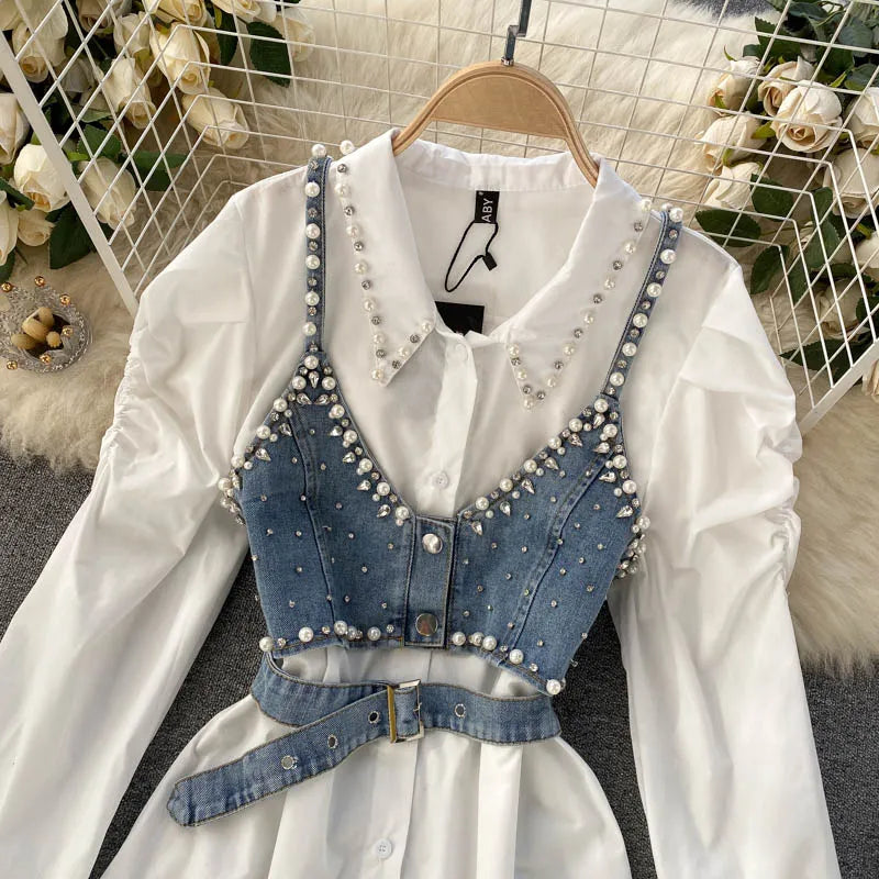 High-End White Shirt Dress Female Lapel Diamond Pearl Luxury Shirt Short Denim Vest Chic Two Piece Sets Female Fashion