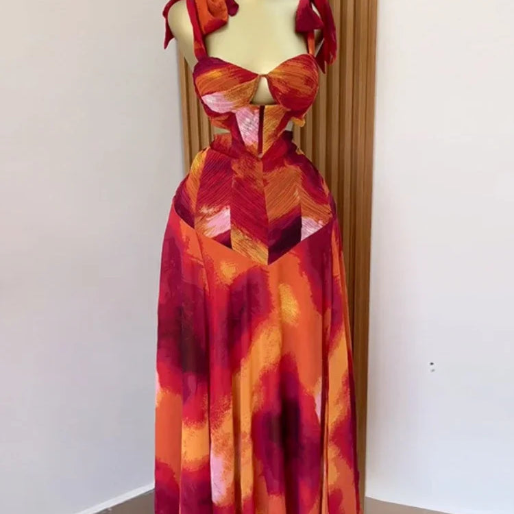 CM.YAYA Fashion Printed Women Long Dresses Beach Holiday Street Bowknot Crop High Waist Big Swing Fake 2 Piece Party Dress 2025