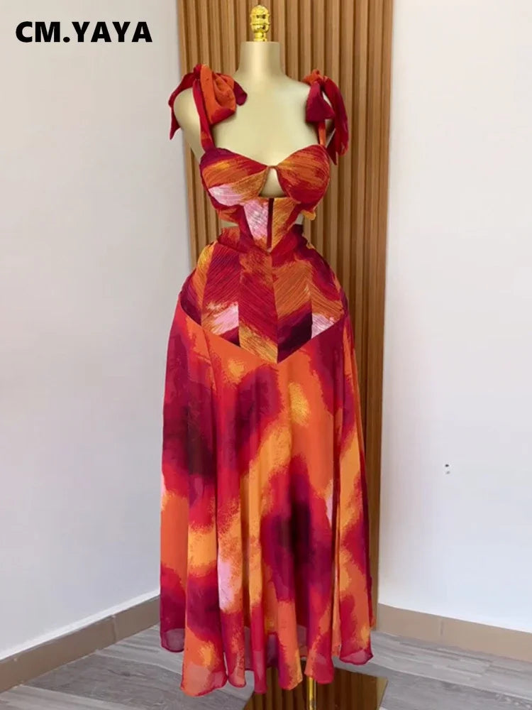 CM.YAYA Fashion Printed Women Long Dresses Beach Holiday Street Bowknot Crop High Waist Big Swing Fake 2 Piece Party Dress 2025