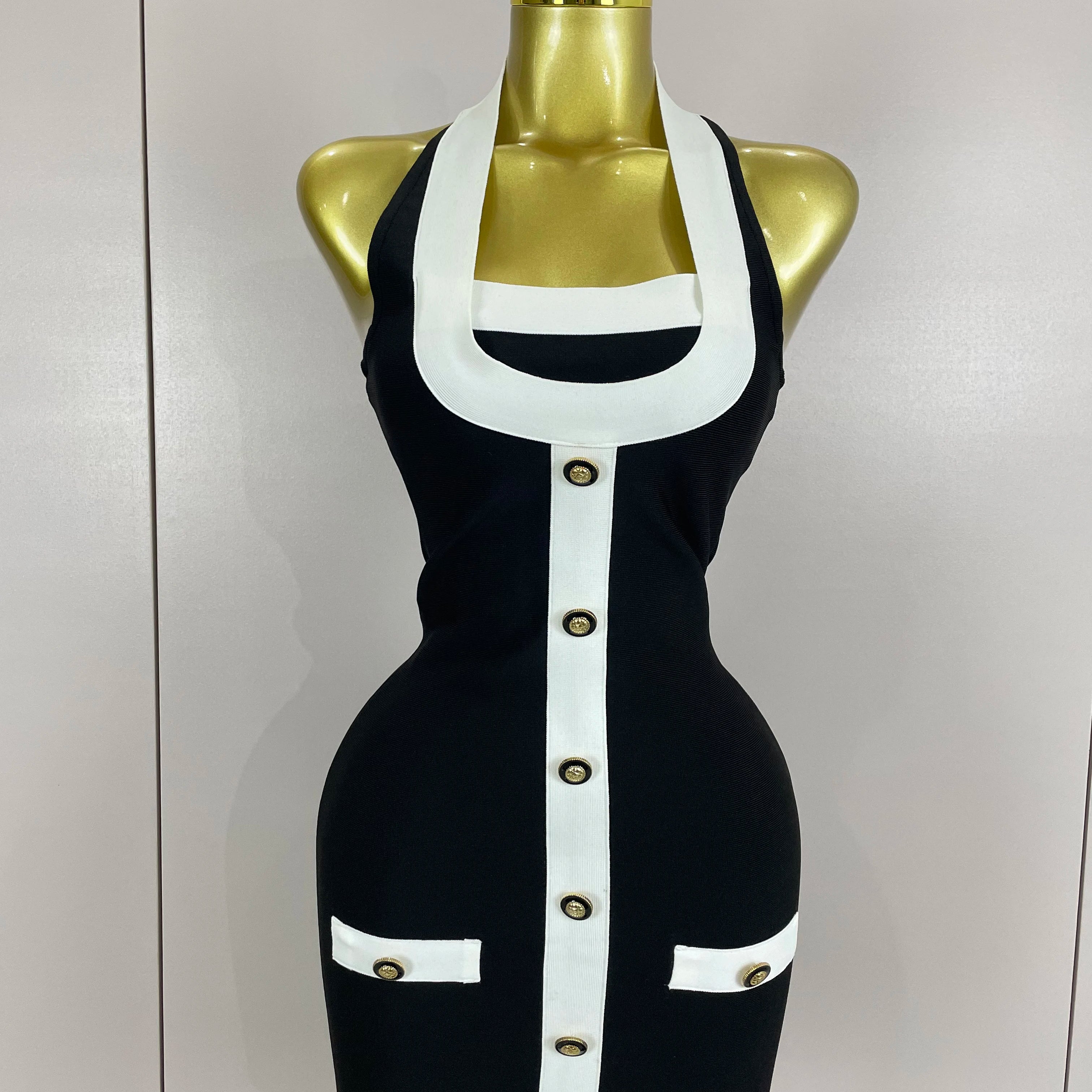 Sexy Backless Halter Button Bodycon Black Mini Bandage Dress 2025 Women Celebrity Elegant Evening Club Party Outfit