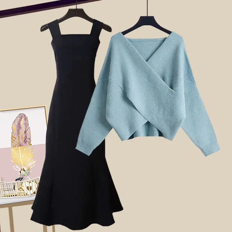 Autumn and Winter Set Women's New Korean Version Slim Cross Sweater Strap Fishtail Skirt Two Piece Set Fashion Two piece set 04