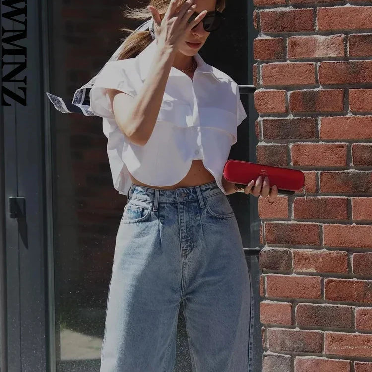 XNWMNZ Women Fashion Pockets Cropped Denim Shirts Sexy Sleeveless Button-up Female Blouses Blusas Chic Top