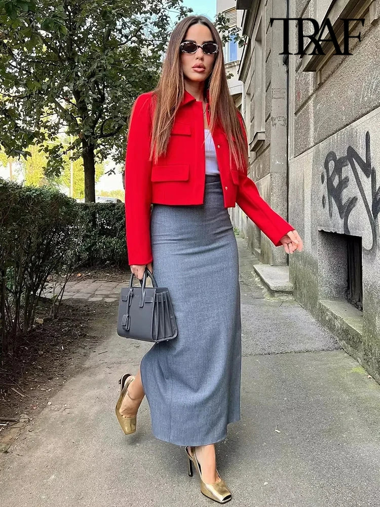 Women Fashion With Flaps Cropped Blazer Coat Vintage Long Sleeve Snap-button Female Outerwear Chic Tops