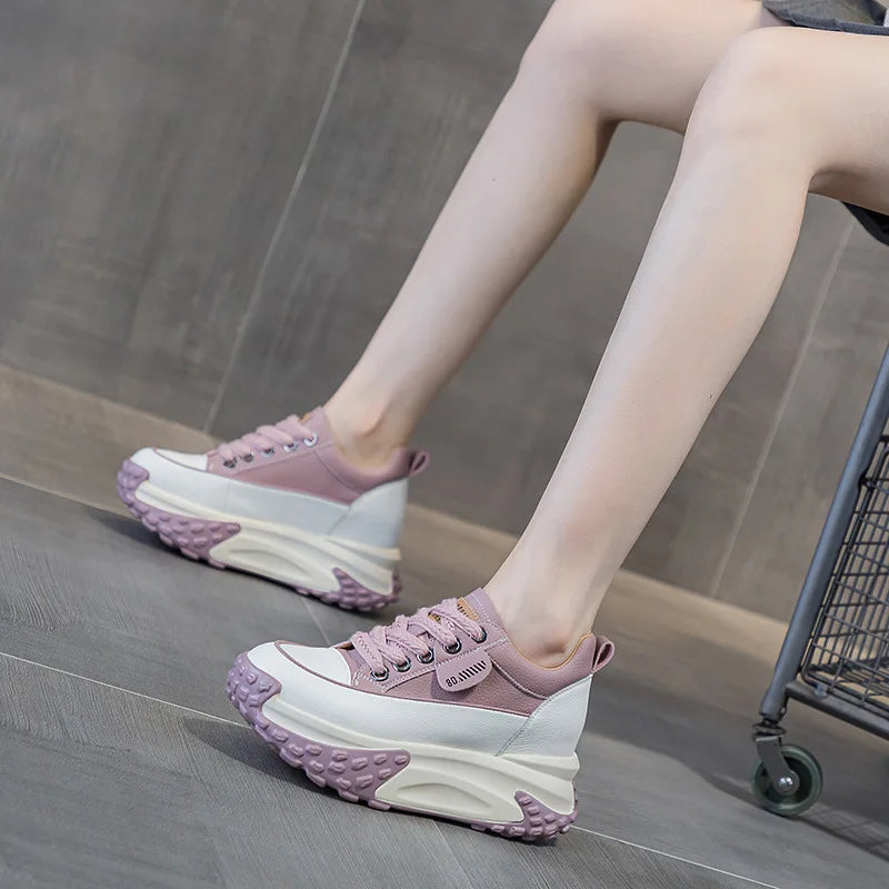 7cm Genuine Leather 2023 Platform Wedge Comfy Breathable Fashion Lace Women Chunky Sneakers Summer Hollow Leisure Female Shoes
