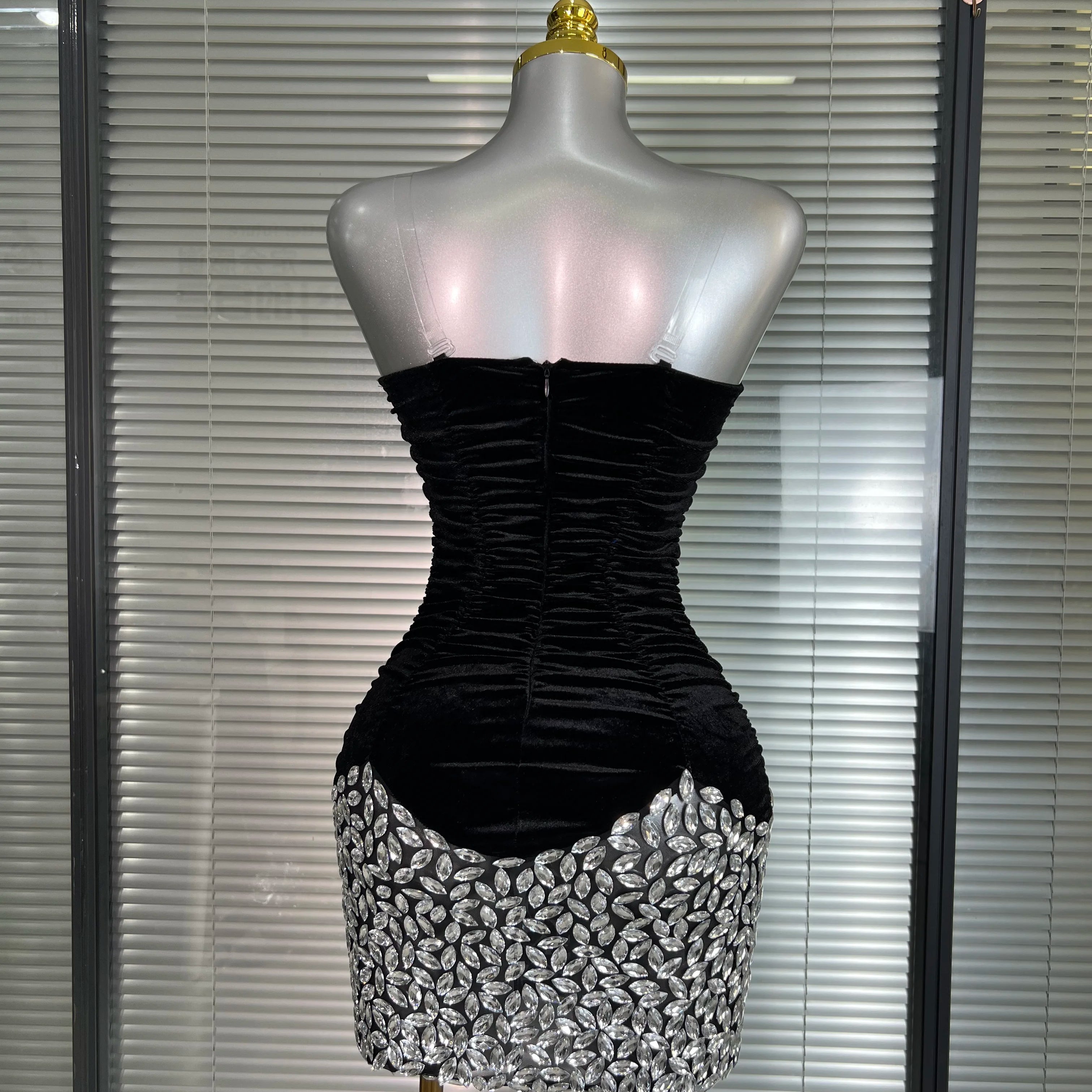 Women Sexy Mesh Crystal Diamonds Black Costume Stage Dancer Stretchy Night Club Strapless Mini Party Dress