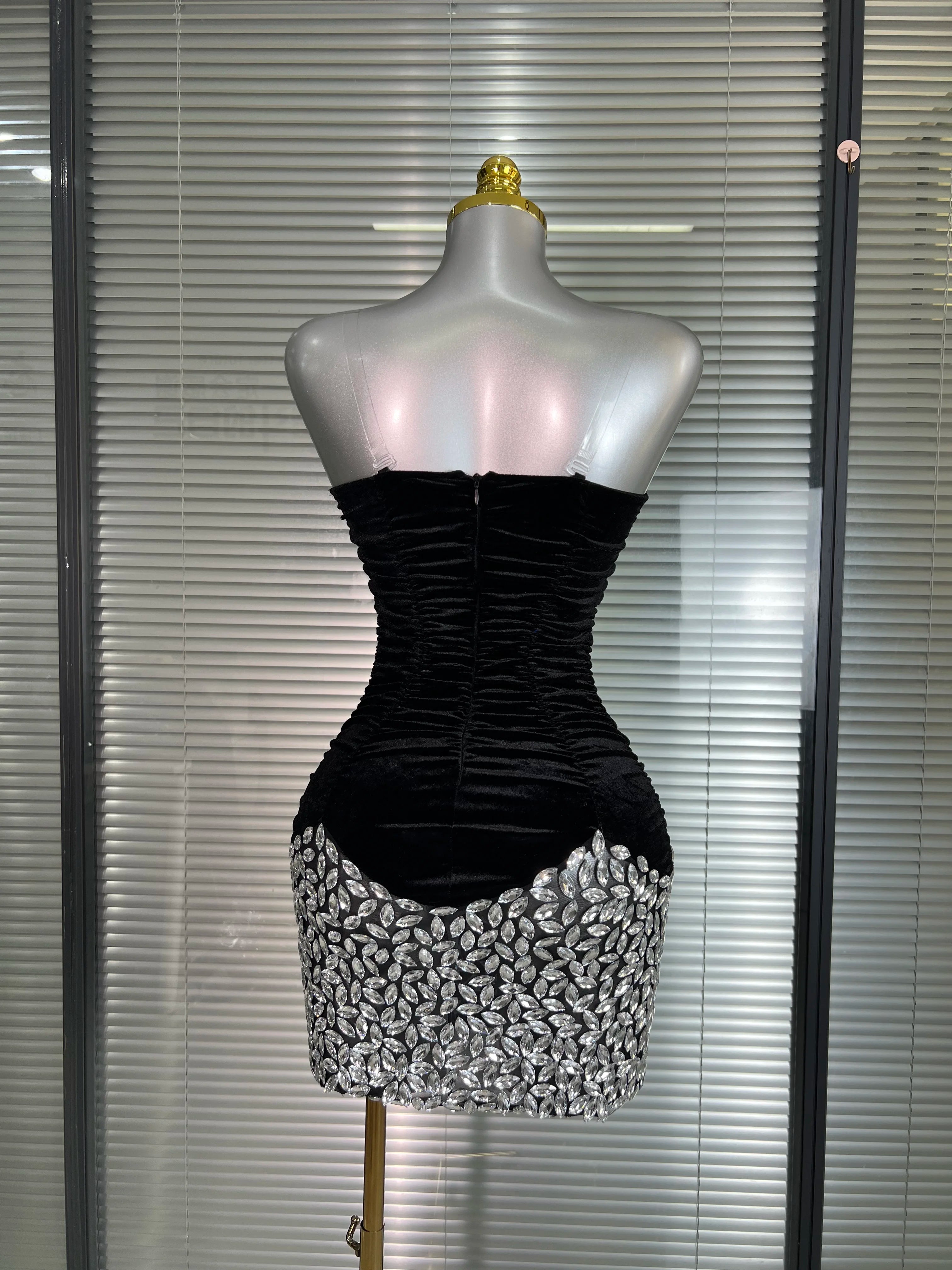 Women Sexy Mesh Crystal Diamonds Black Costume Stage Dancer Stretchy Night Club Strapless Mini Party Dress