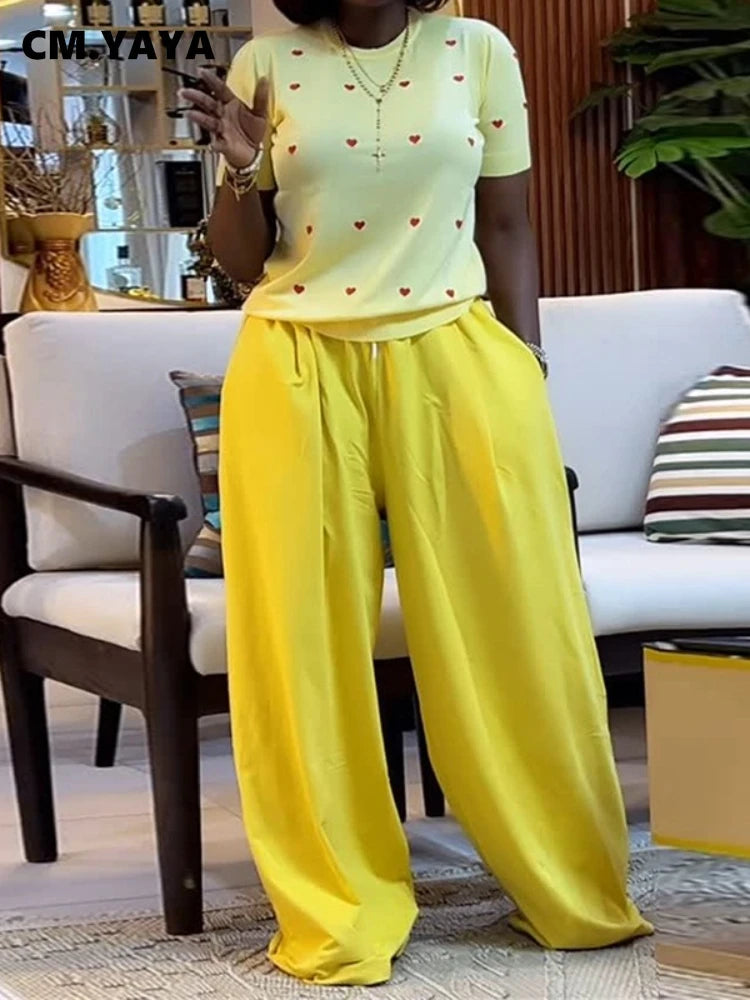 CM.YAYA Fashion Women's Set Love Short Sleeve T-shirt and Wide Leg Pants 2025 Summer Active Two 2 Piece Sets Outfit Tracksuit