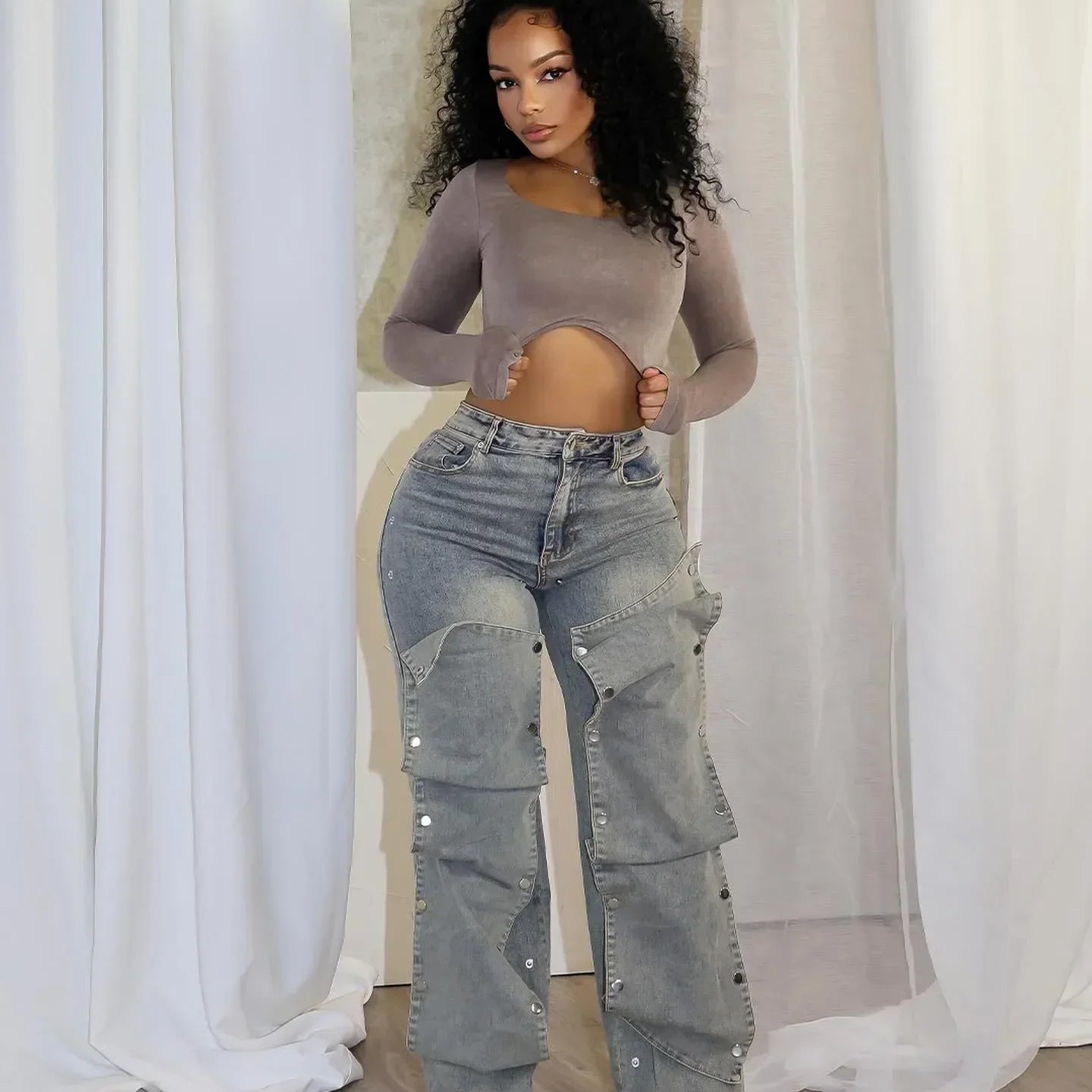 CM.YAYA Women Streetwear Button Cutout Cargo Straight Denim Wide Leg Jeans Pants 2024 INS Elastic Fashion Party Cargo Trousers