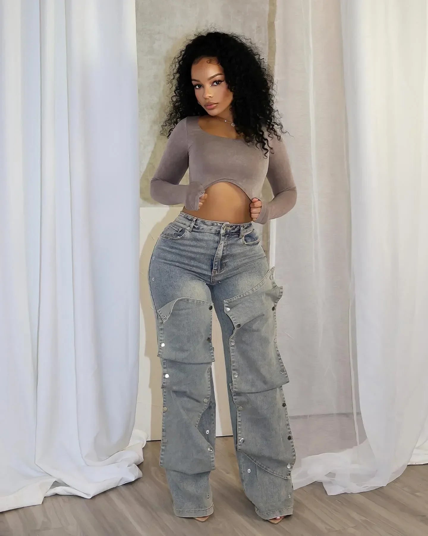 CM.YAYA Women Streetwear Button Cutout Cargo Straight Denim Wide Leg Jeans Pants 2024 INS Elastic Fashion Party Cargo Trousers