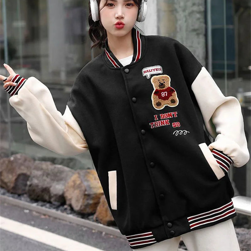 Vintage Bomber Jackets Women Cartoon Bear Baseball Coats Streetwear Female Fashion Hip Hop Casual Ladies Tops Autumn Winter