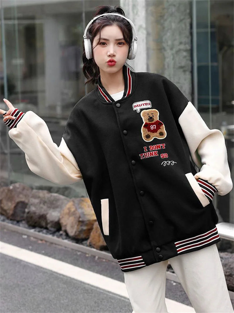Vintage Bomber Jackets Women Cartoon Bear Baseball Coats Streetwear Female Fashion Hip Hop Casual Ladies Tops Autumn Winter