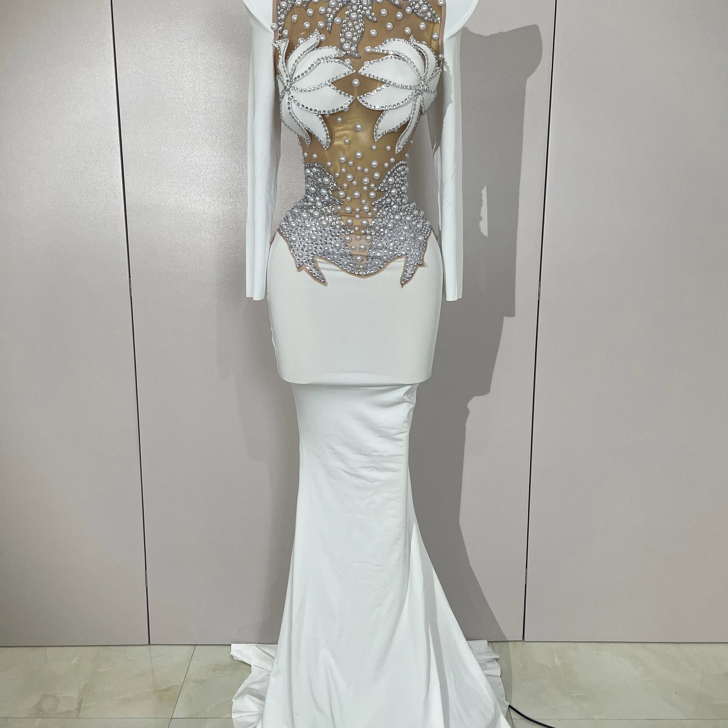 Sparkly Diamonds Pearl Black Sexy See Through Mesh Long Dress Women Wedding Evening Luxury Birthday Party Stage Photoshoot Dress