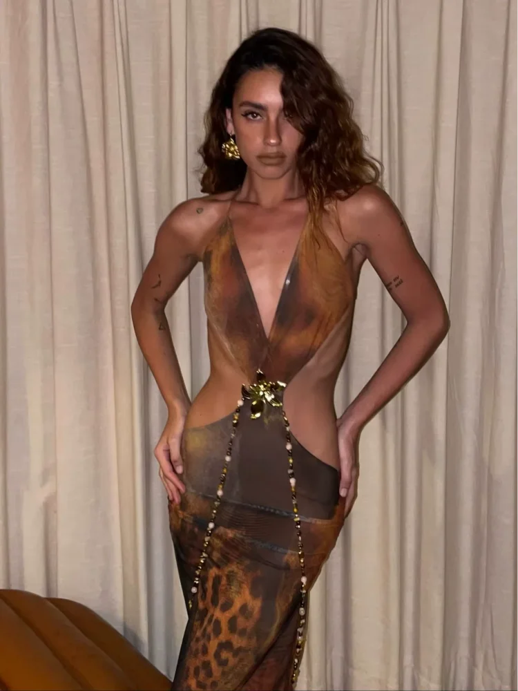 Summer Sexy Cut Out V Neck Midi Dress For Women Crystal-link Backless Slim Party Dresses Leopard Print Slim Maxi Vestido Holiday