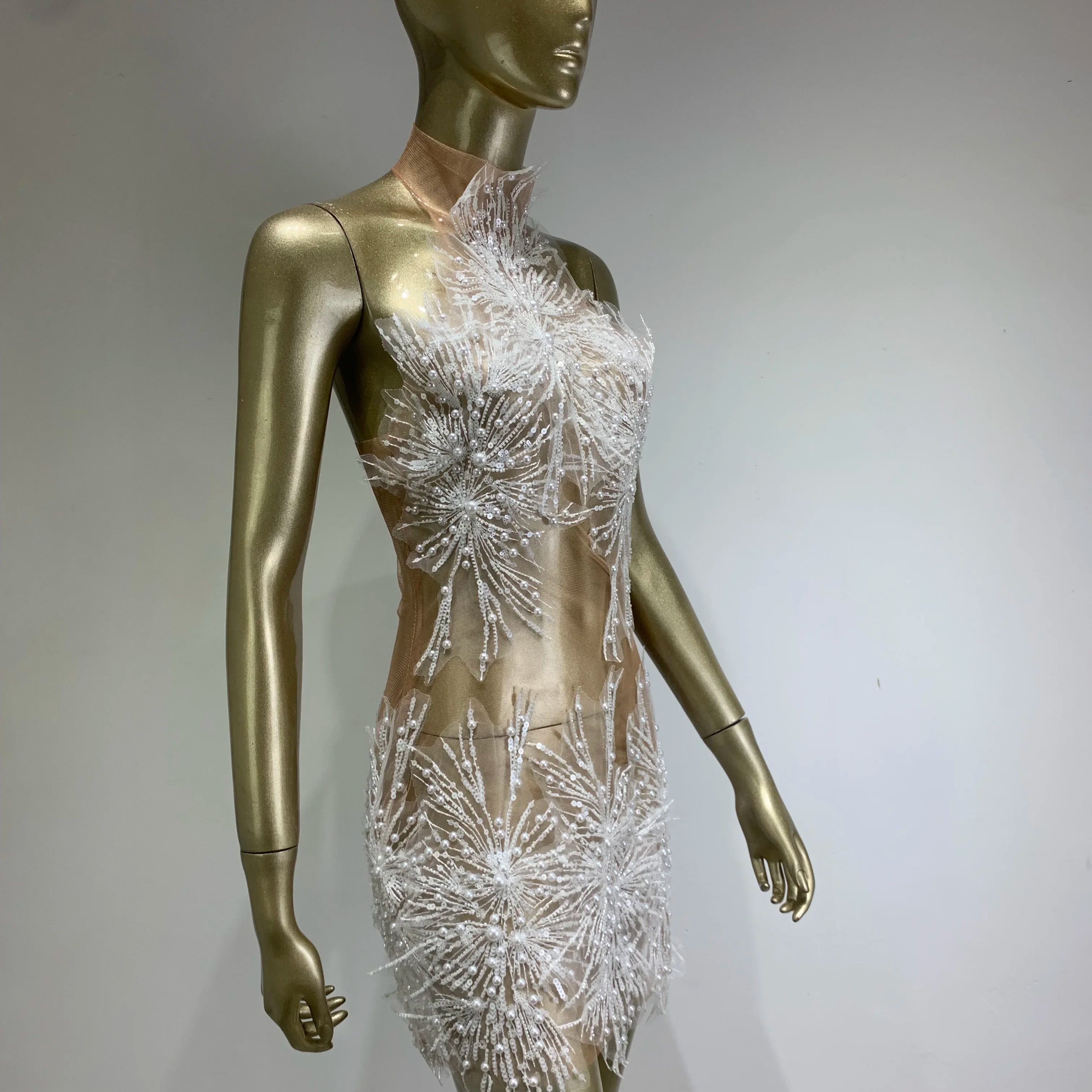 High Quality Women Sexy Off the Shoulder Mesh SeeThrough Bodycon Mini Dress Sequins Nightclub Party Celebrate Dress