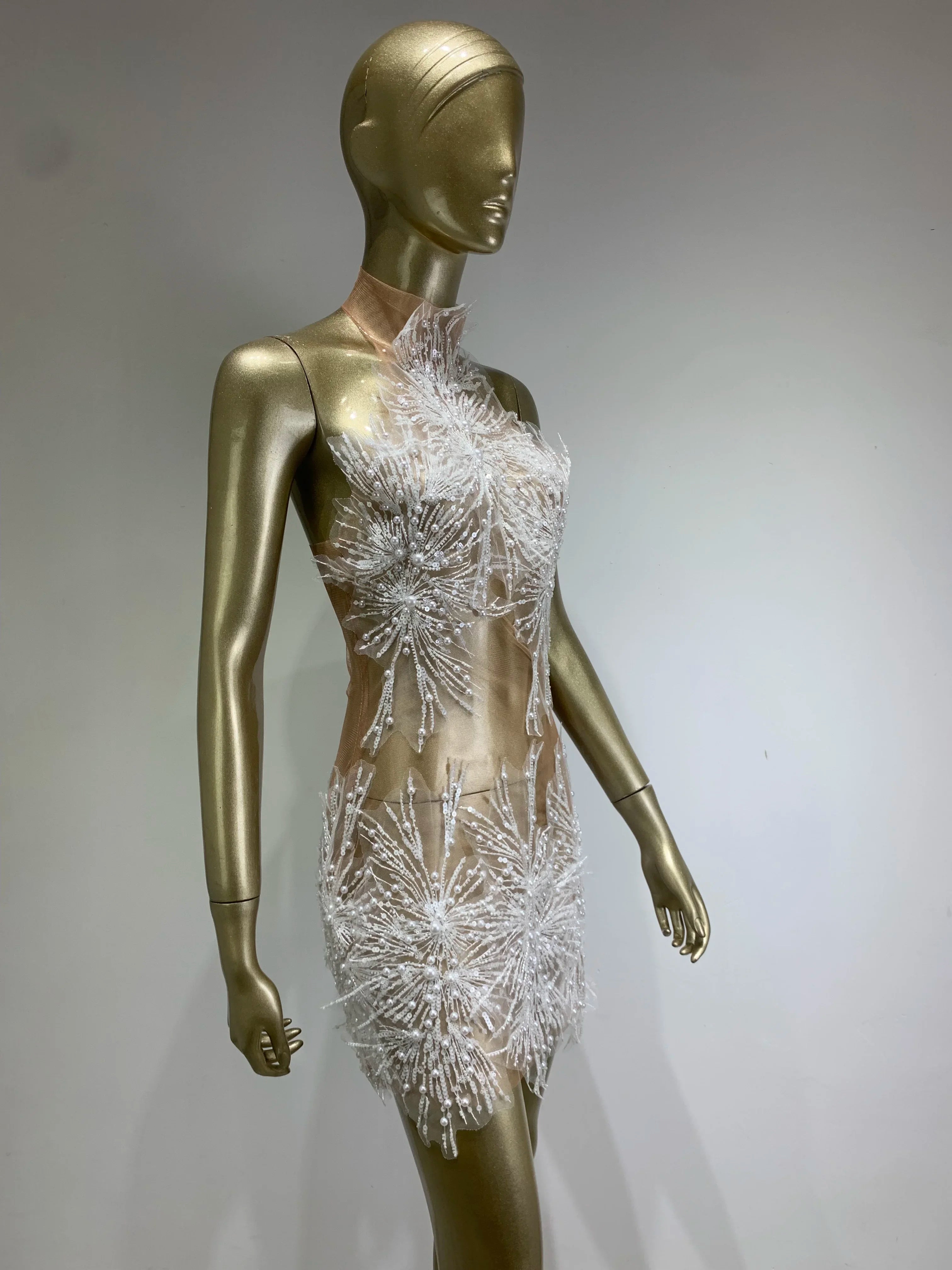 High Quality Women Sexy Off the Shoulder Mesh SeeThrough Bodycon Mini Dress Sequins Nightclub Party Celebrate Dress