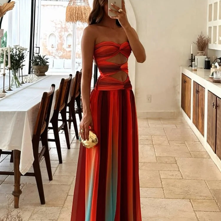 Tie-dye Gradient Hollow Out Women's Maxi Dress Elegant Off Shoulder A-line Hem Long Dresses New Summer 2025 Holiday Female Robes