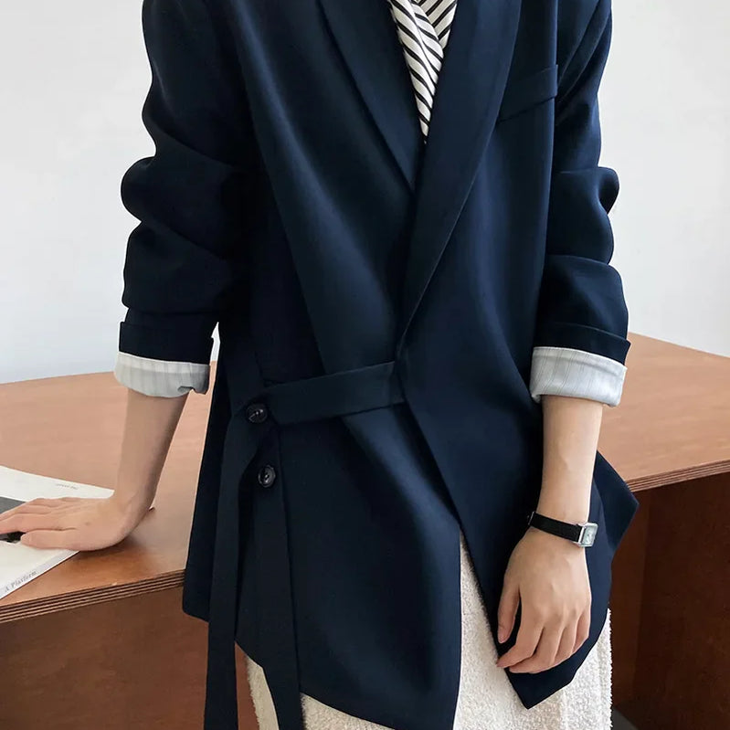 UMI MAO Advanced Design Sense Blue Fruit Neck Blazers Coat Women's Loose Fashion Drop Sense Lace-up Blazer Top Femme Y2K Navy