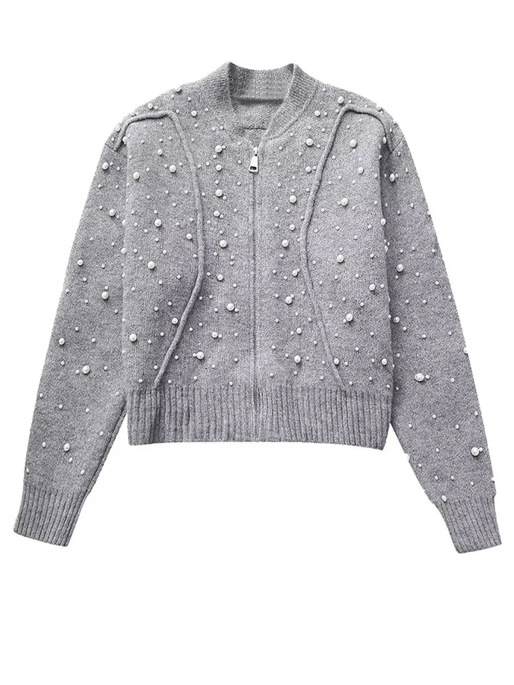 Fashion Knitted Pearl Bomber Jackets Women Vintage O-Neck Front Zipper Long Sleeved Female Coat Top Lady Grey Cropped Cardigan