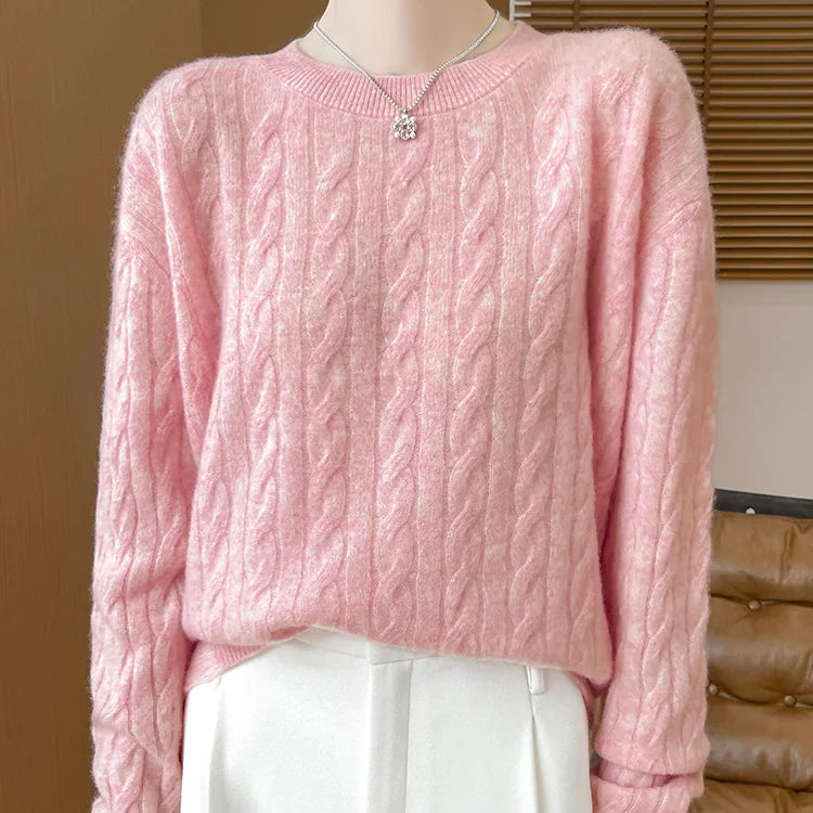 Women Cable Knit Sweater 100% Merino Wool Knitwear O-neck Preppy Style Long Sleeve Pullover Autumn Winter Cashmere Sweater Tops Pink