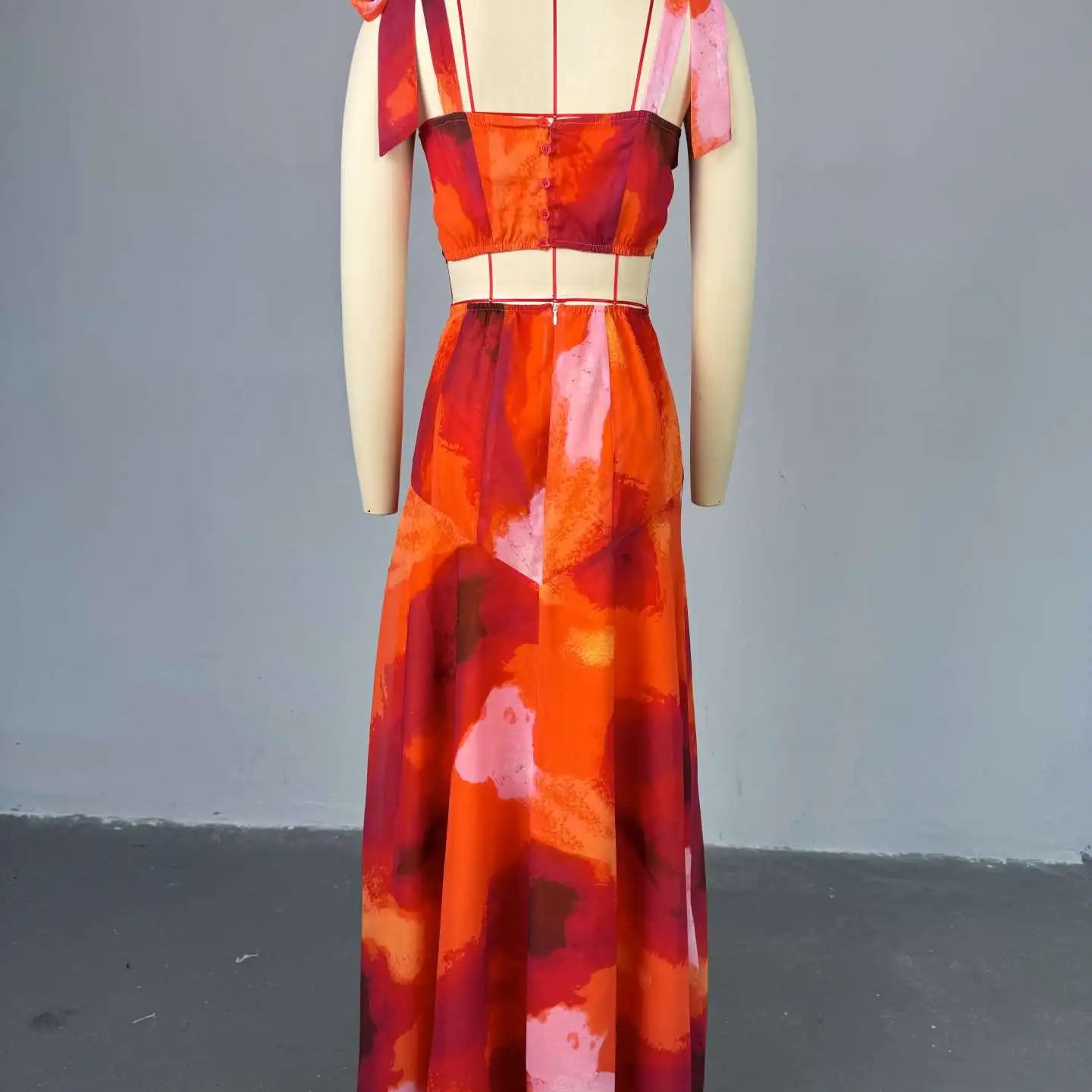 CM.YAYA Fashion Printed Women Long Dresses Beach Holiday Street Bowknot Crop High Waist Big Swing Fake 2 Piece Party Dress 2025