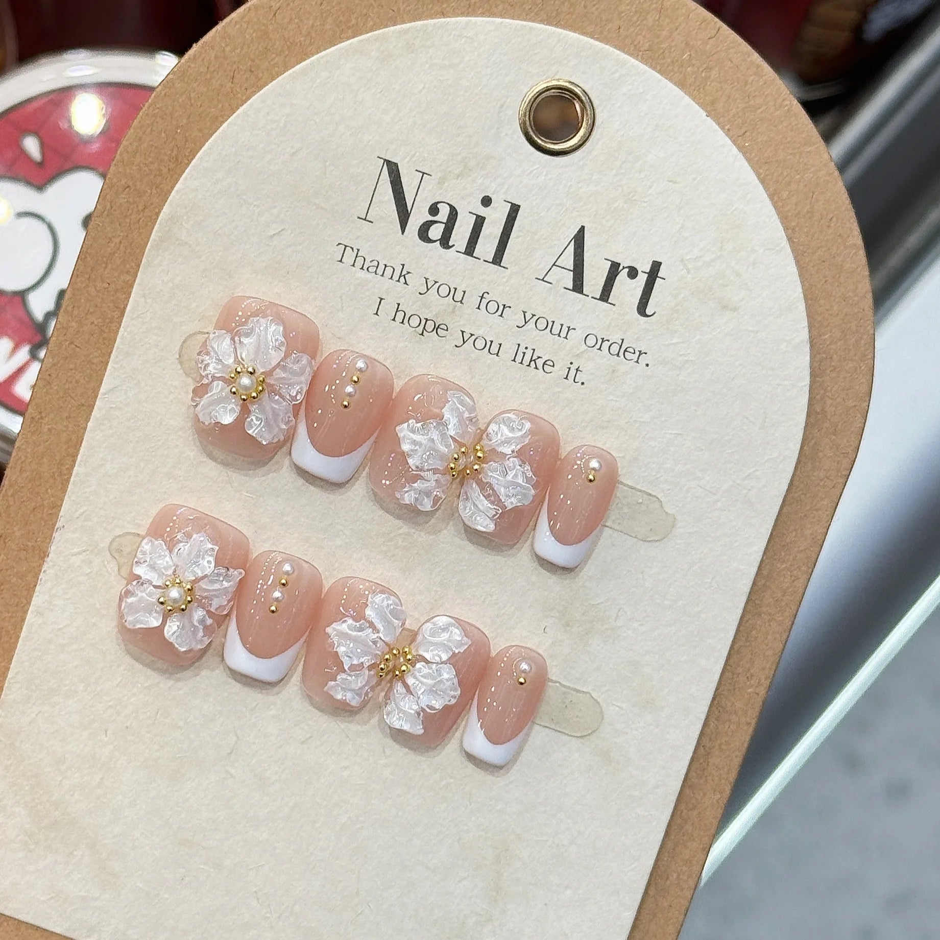 10Pcs Nude 3D Ice Flower Fake Nails White Edge French Manicure Pearl Fashion Handmade Wearable Light Luxury Full Cover Press On