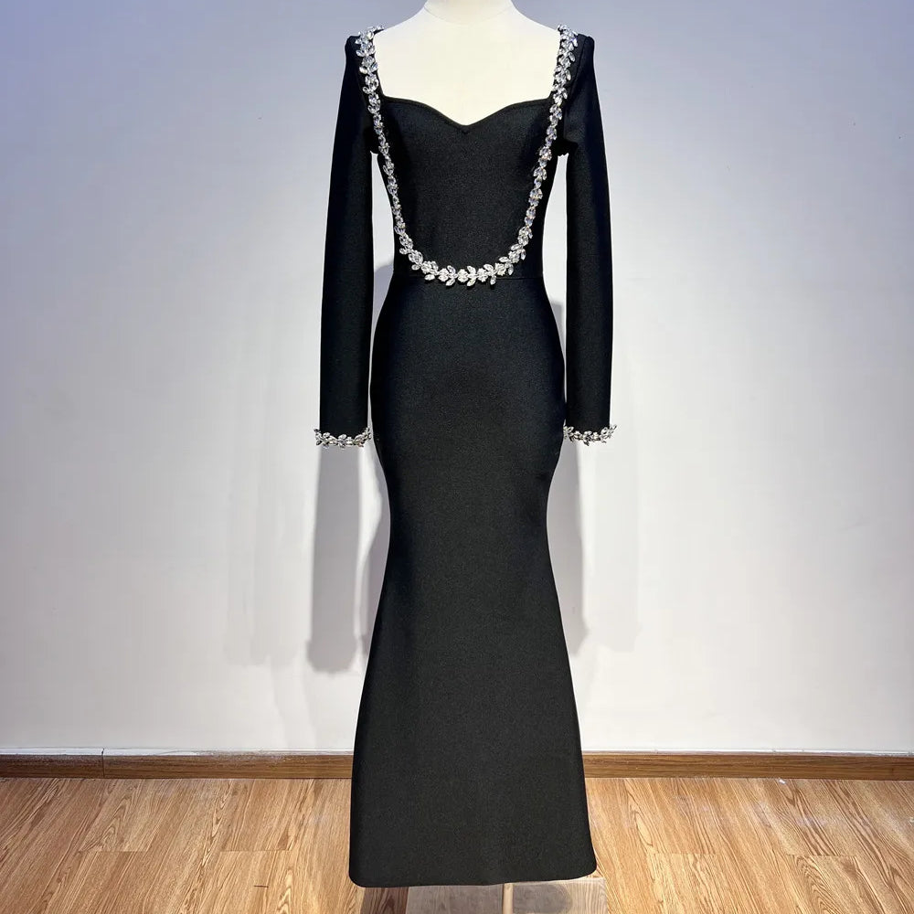 Spring Women Long Sleeve Square Collar Sparkly Crystal Bodycon Long Bandage Dress Celebrate Evening Party Outfit